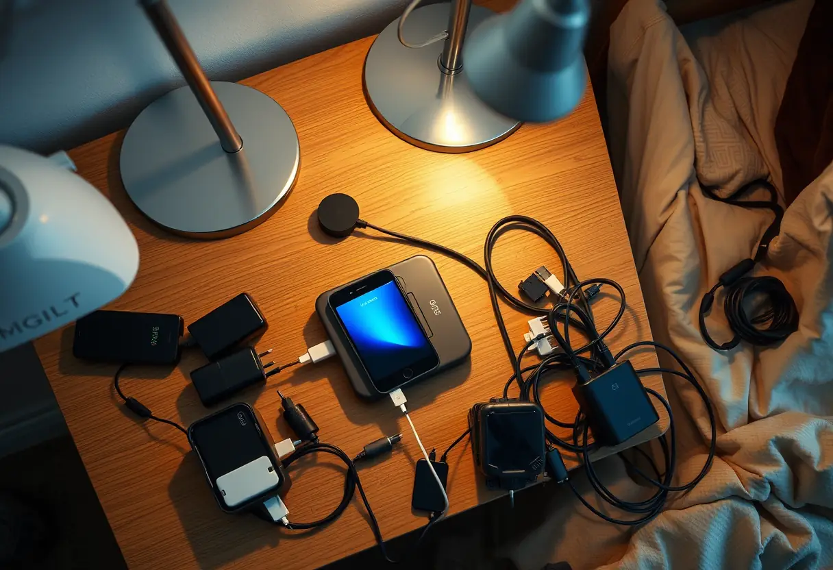 Un dock de charge pour smartphone sur une table de nuit en désordre, éclairé par des lampes de chevet