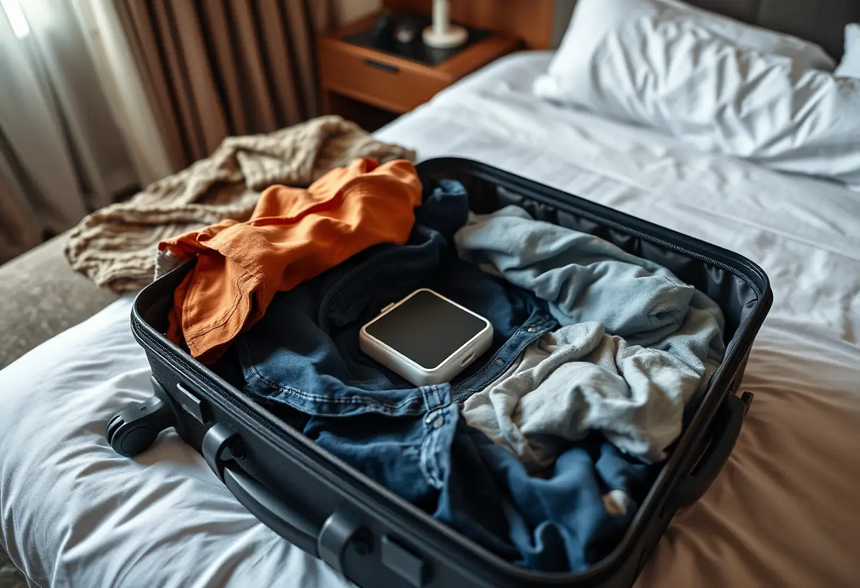 Un chargeur compact dans une valise sur un lit d'hôtel