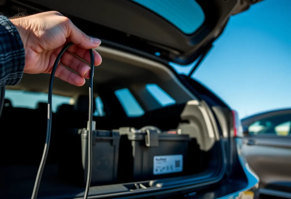 Une main tenant un câble électrique près d'une batterie de voiture