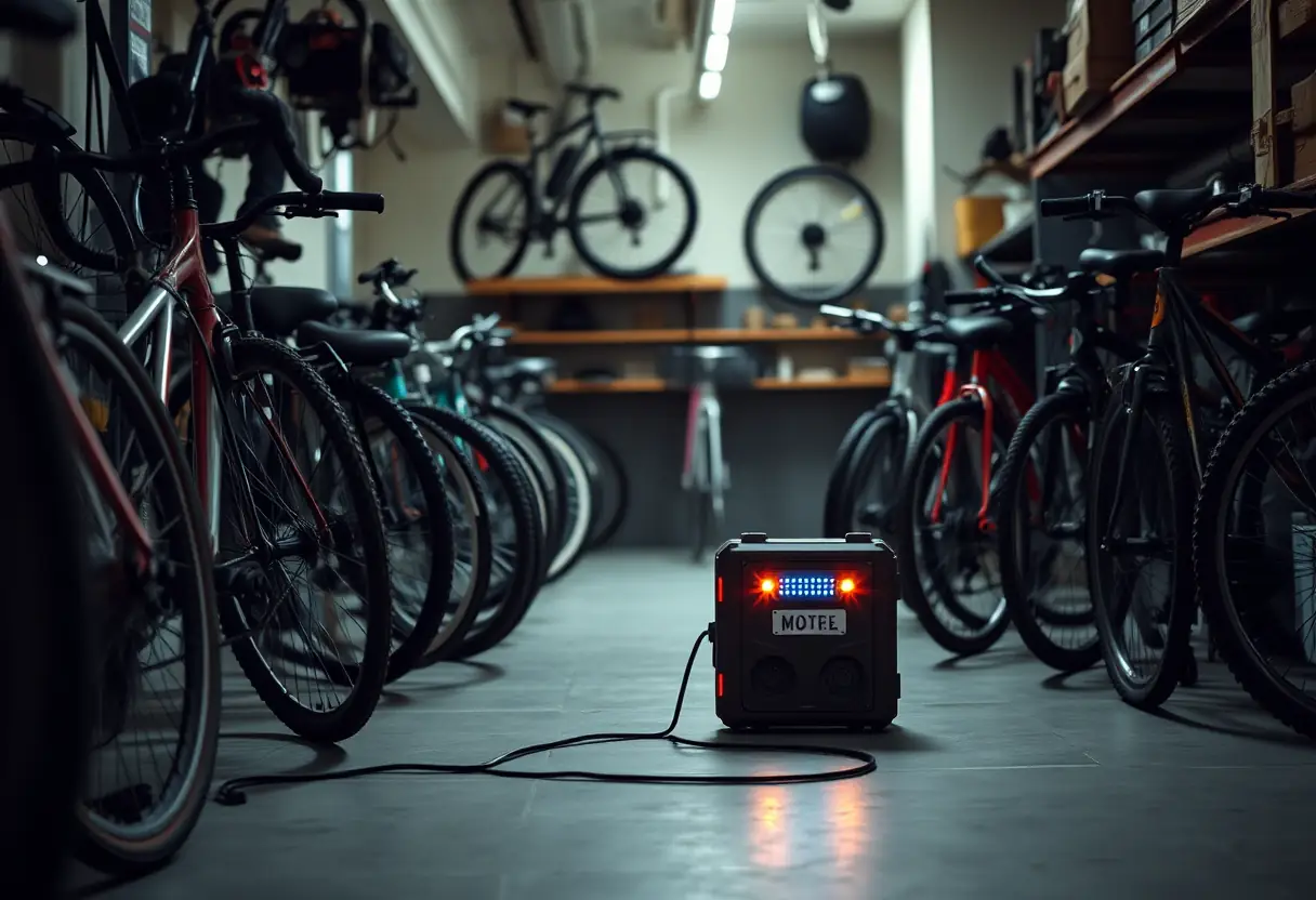 Un garage avec des vélos et un câble électrique menant à un boîtier de charge