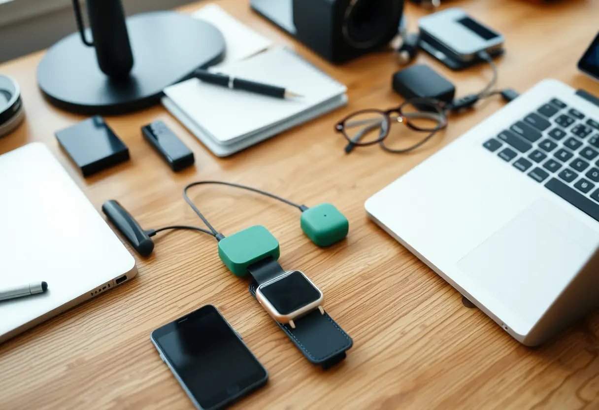 Bureau encombré d'électronique avec un petit chargeur vert