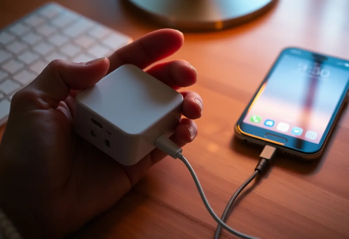 Main tenant un chargeur près d'un smartphone branché