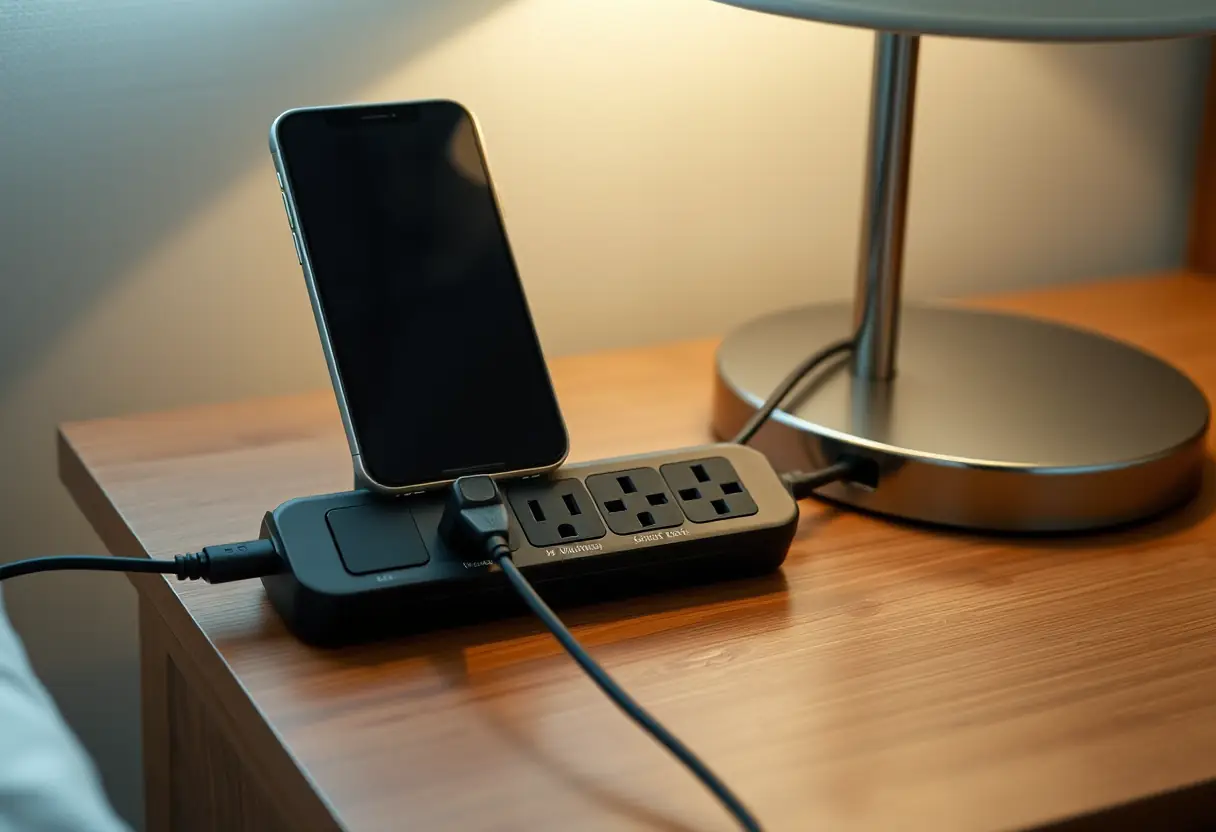Un multiprise avec plusieurs prises électriques sur une table de nuit