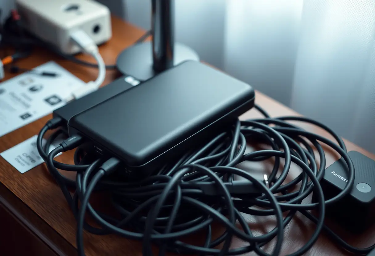 Une station de charge avec un power bank et des câbles
