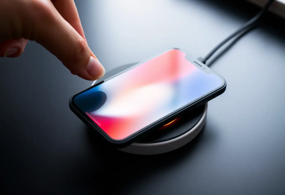 Une main posant un iPhone sur un chargeur induction, la surface du chargeur se réchauffe légèrement