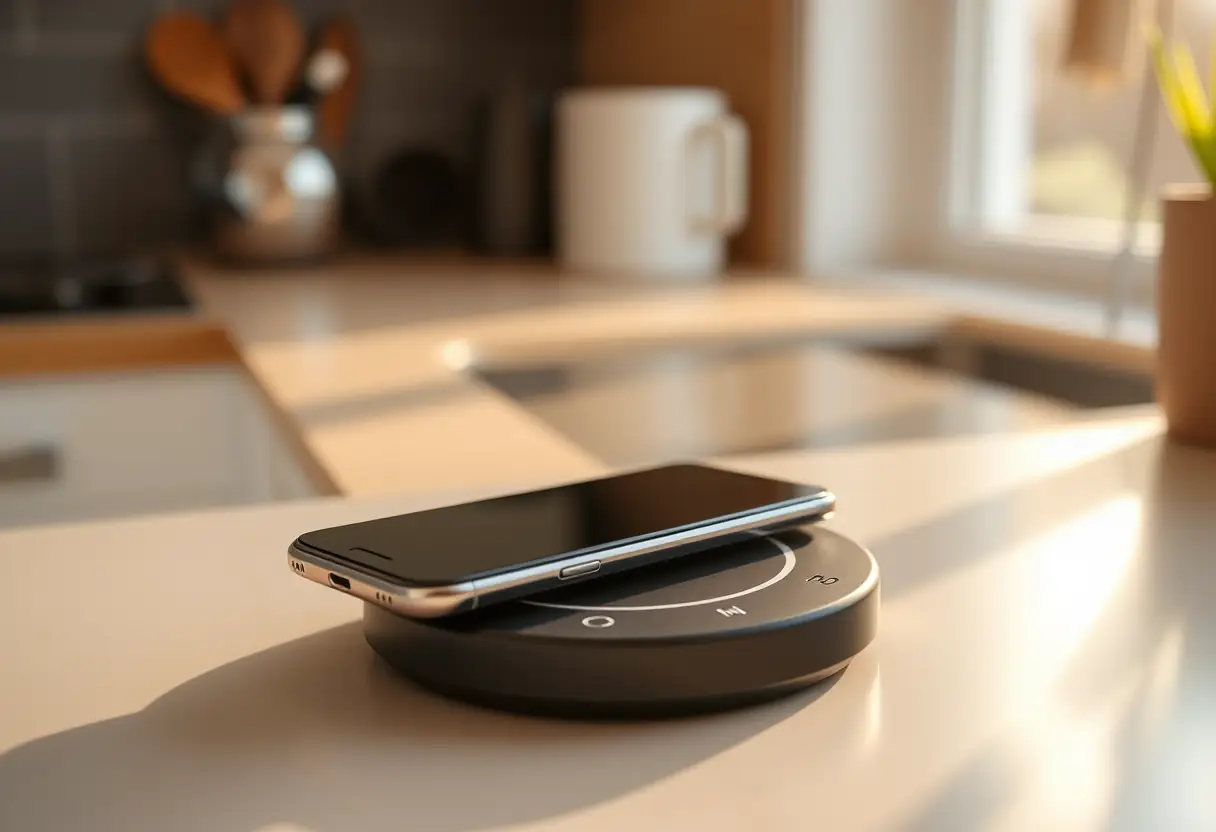 Un smartphone sur un chargeur sans fil dans une cuisine au petit matin