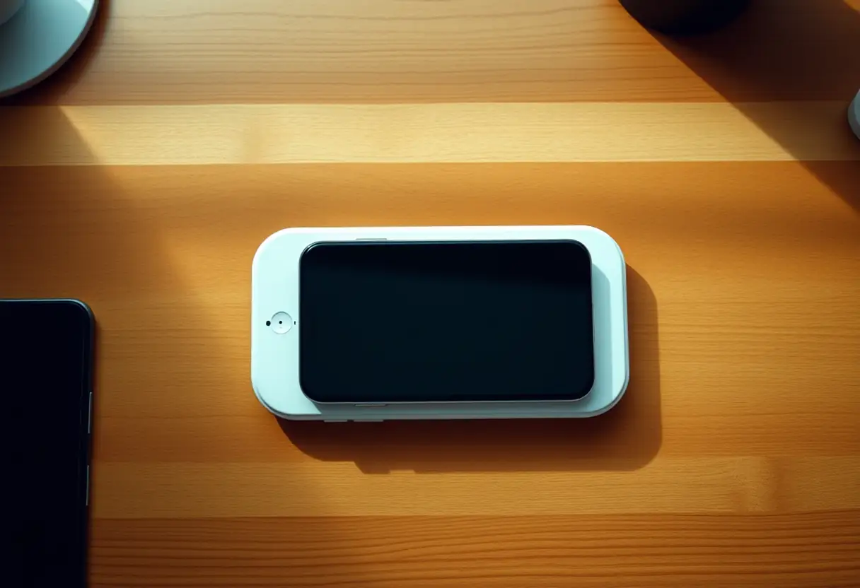 Alternative text : Pad de charge sans fil sur bureau en bois, forme floue d'un téléphone visible