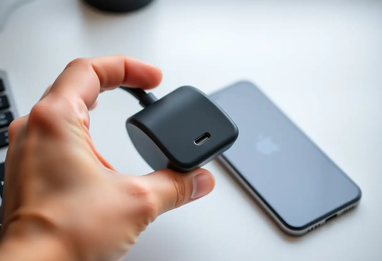 Une main tenant un chargeur iPhone original