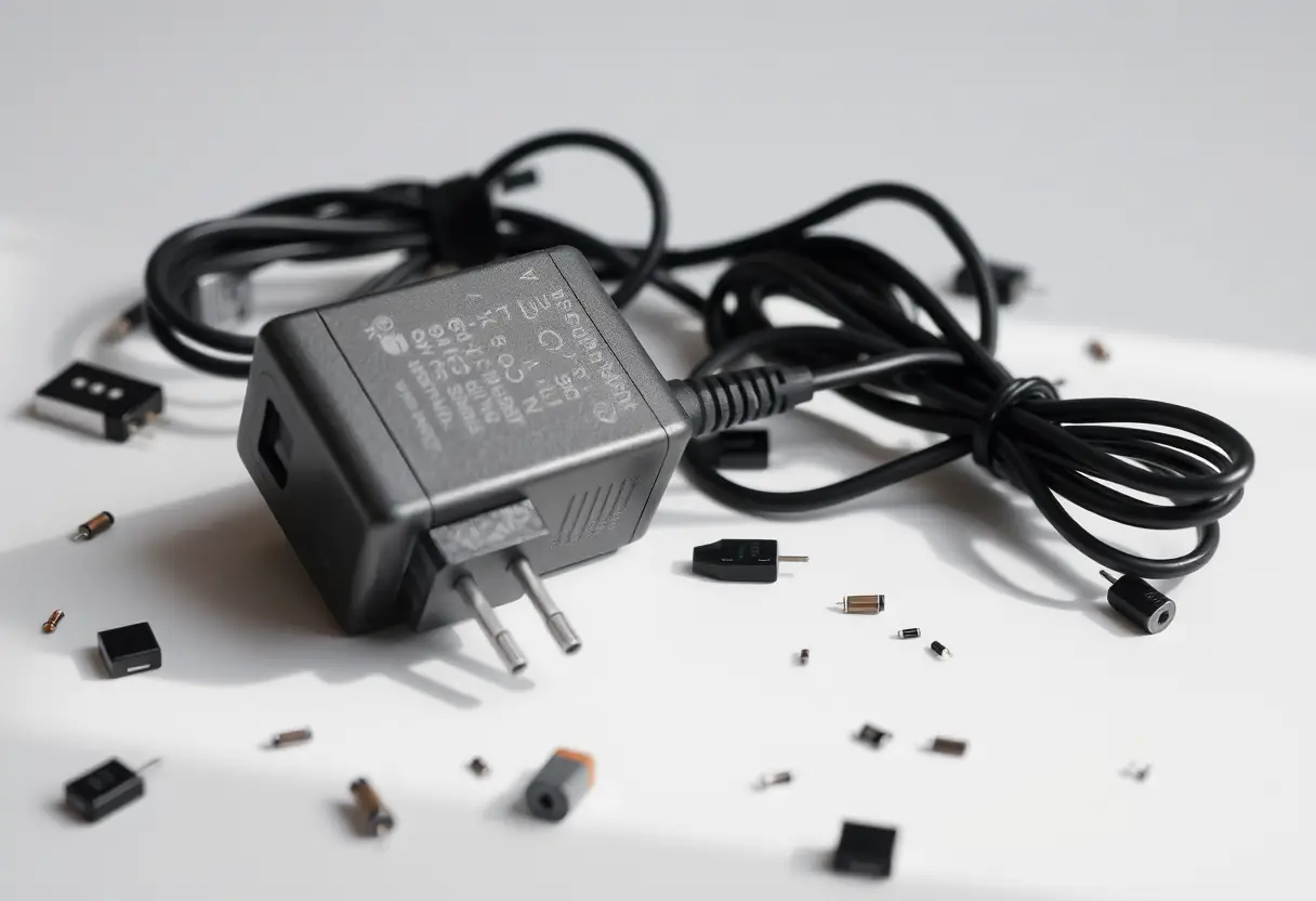 Adaptateur de puissance posé sur une surface propre, entouré de composants électroniques