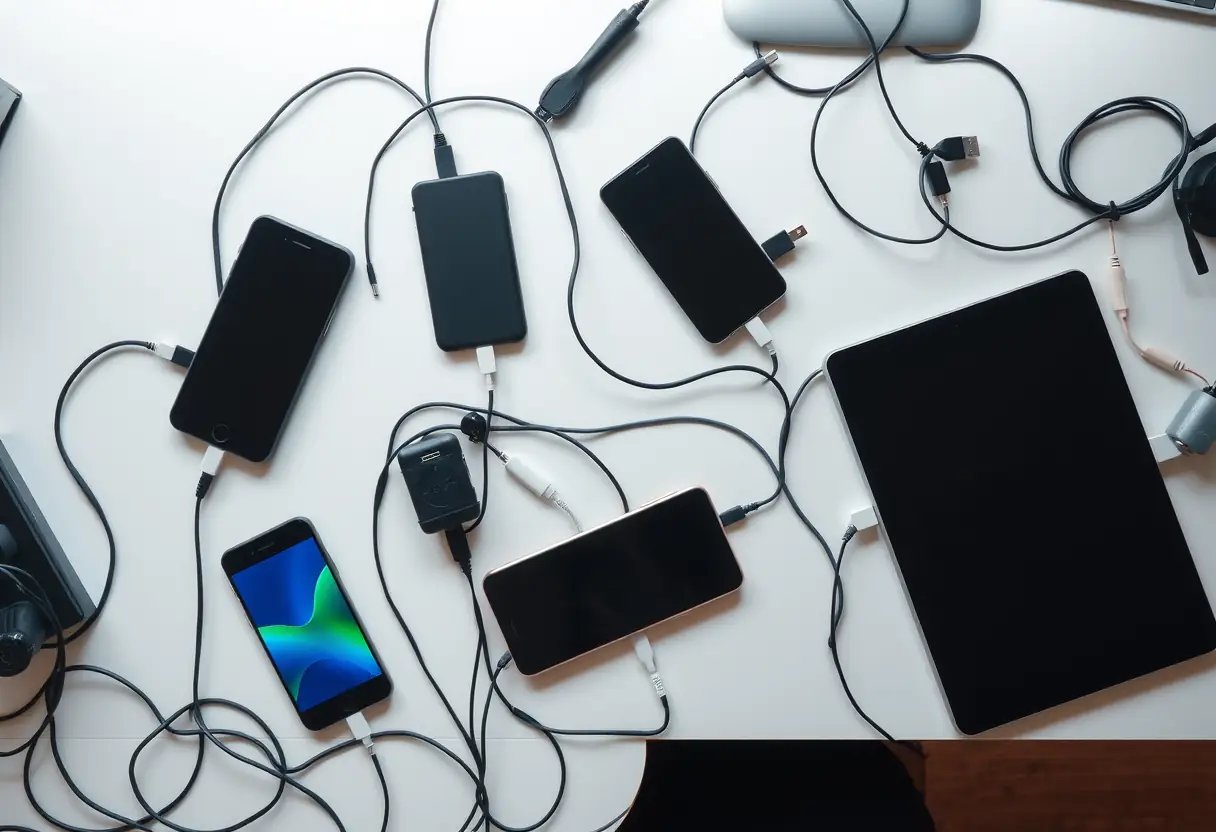 Vue aérienne d'un bureau moderne avec divers appareils électroniques connectés à des câbles de charge.