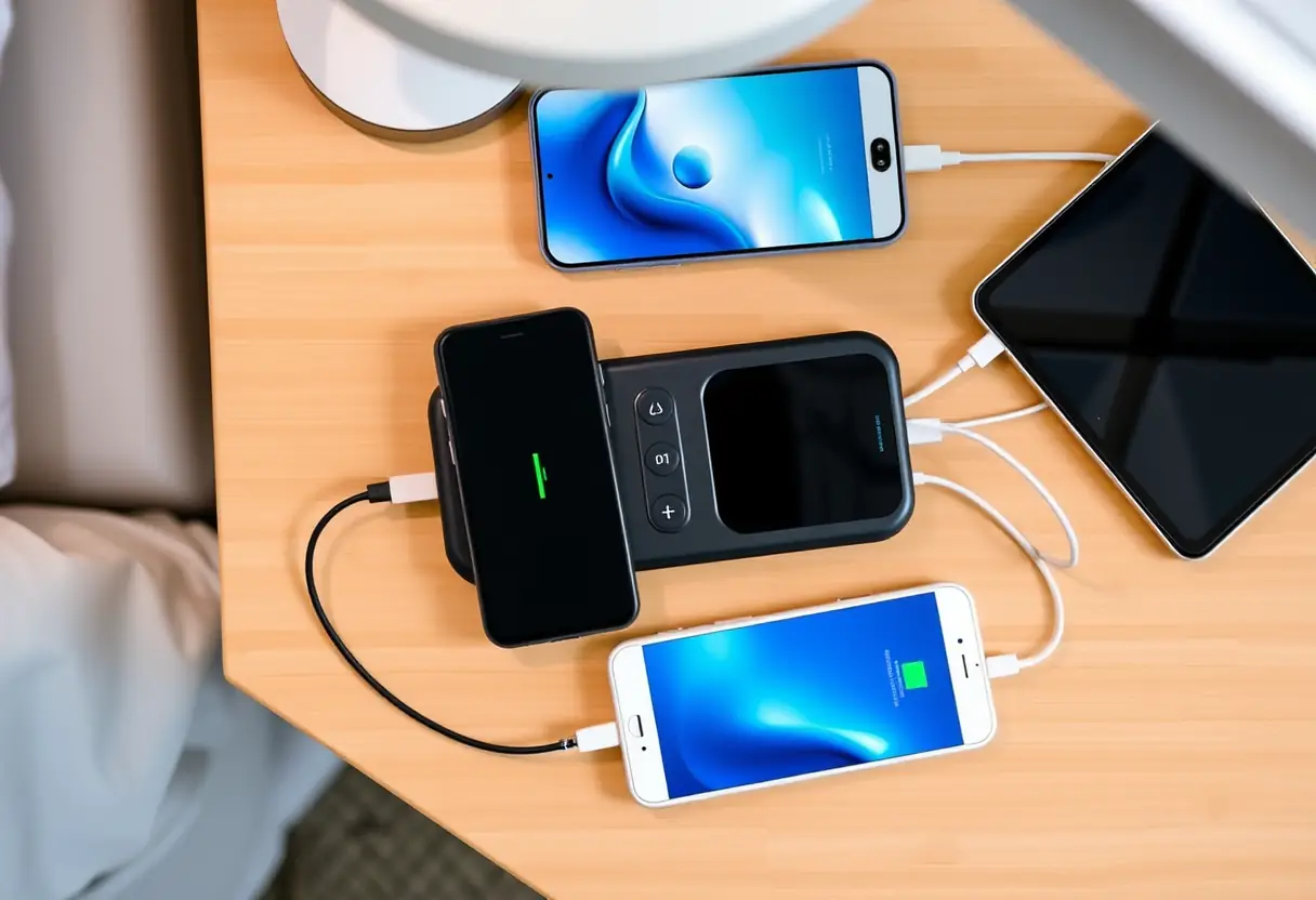 Vue aérienne d'une table de nuit avec un chargeur multi-prise moderne et plusieurs appareils en train de se charger simultanément