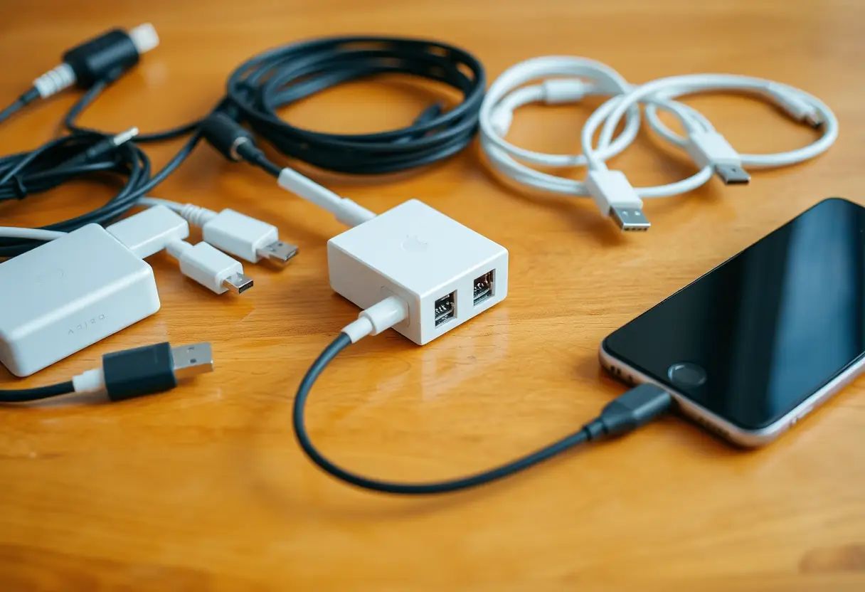 Tableau avec différents câbles et adaptateurs pour téléphones OPPO
