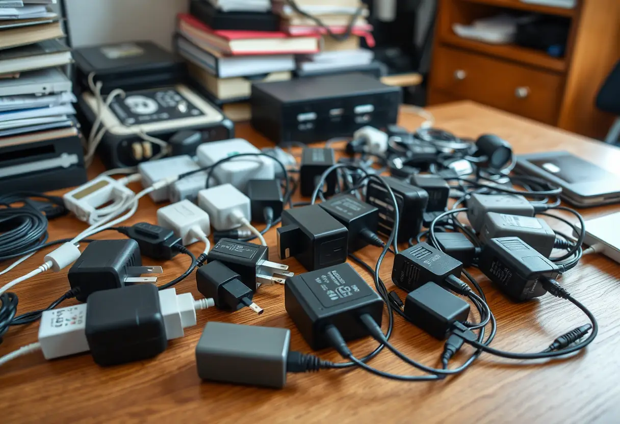 Dans un bureau boudoir encombré, plusieurs chargeurs sont dispersés sur un bureau en bois