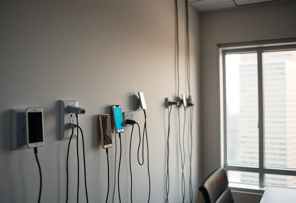 Mur d'un bureau avec multiprises et smartphones chargés, lumière douce à travers une fenêtre