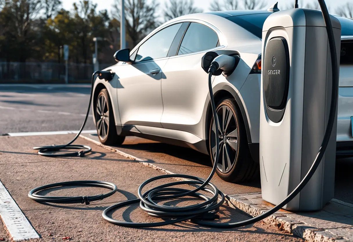 Un véhicule électrique chargé à une borne publique avec les câbles rangés à côté