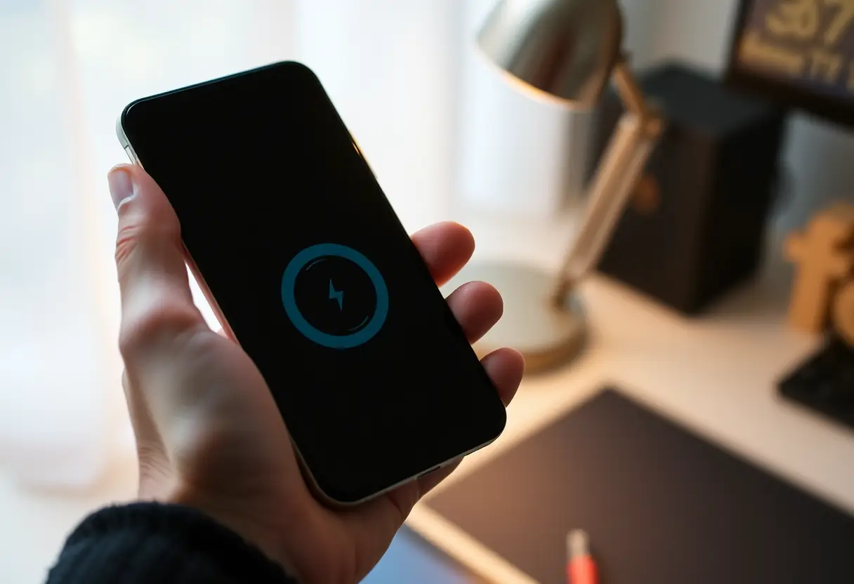 Une main tenant un smartphone affichant les symboles de charge
