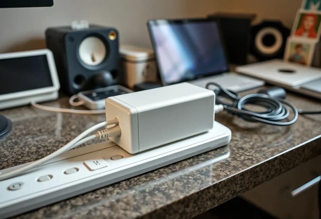 Adaptateur blanc dans un bureau, lumière naturelle