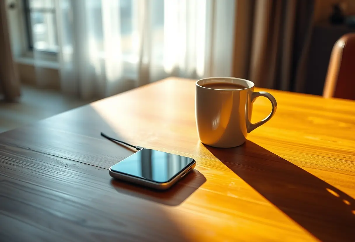 Table basse avec un chargeur sans fil moderne près d'une tasse de café, éclairée par la lumière du jour