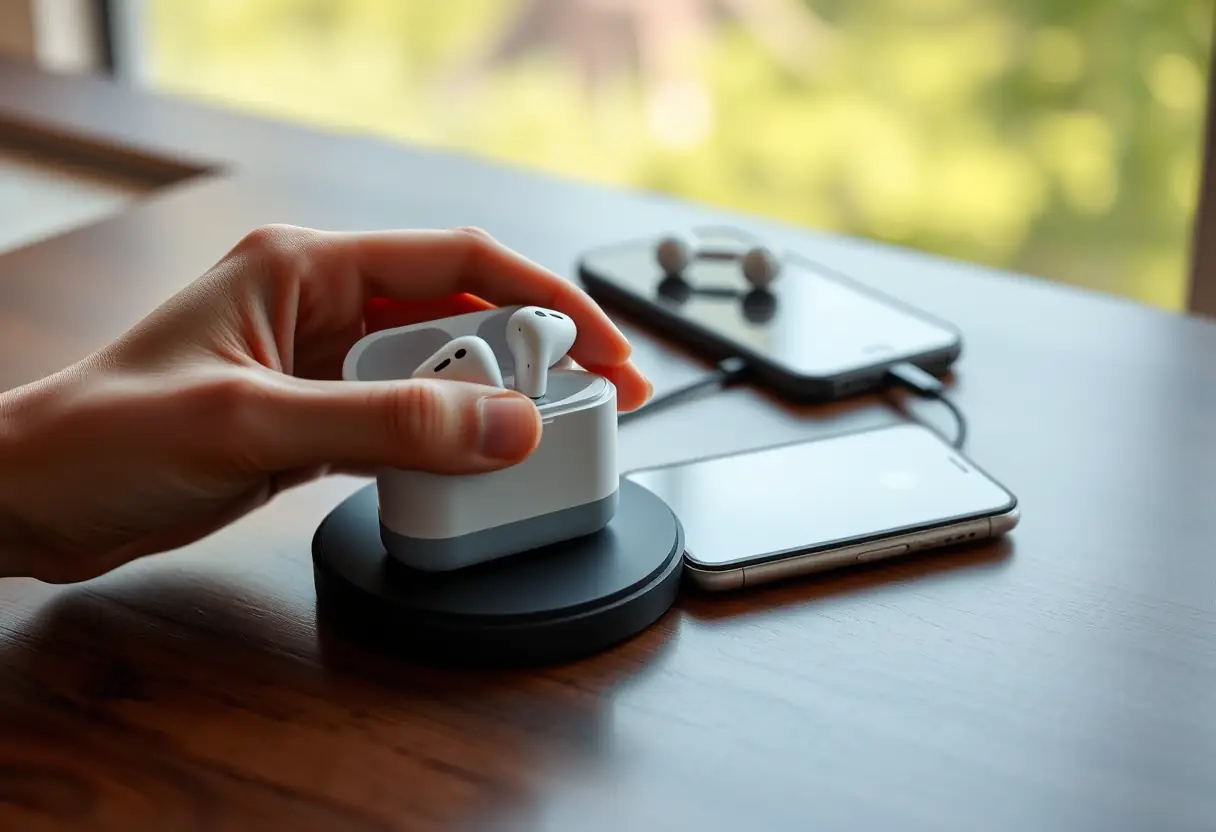 Main de quelqu'un plaçant des écouteurs Bluetooth sur une station de charge sans fil près d'un smartphone