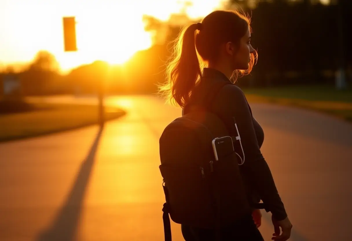 Une femme passe près d'un sac à dos contenant un chargeur portable au coucher du soleil