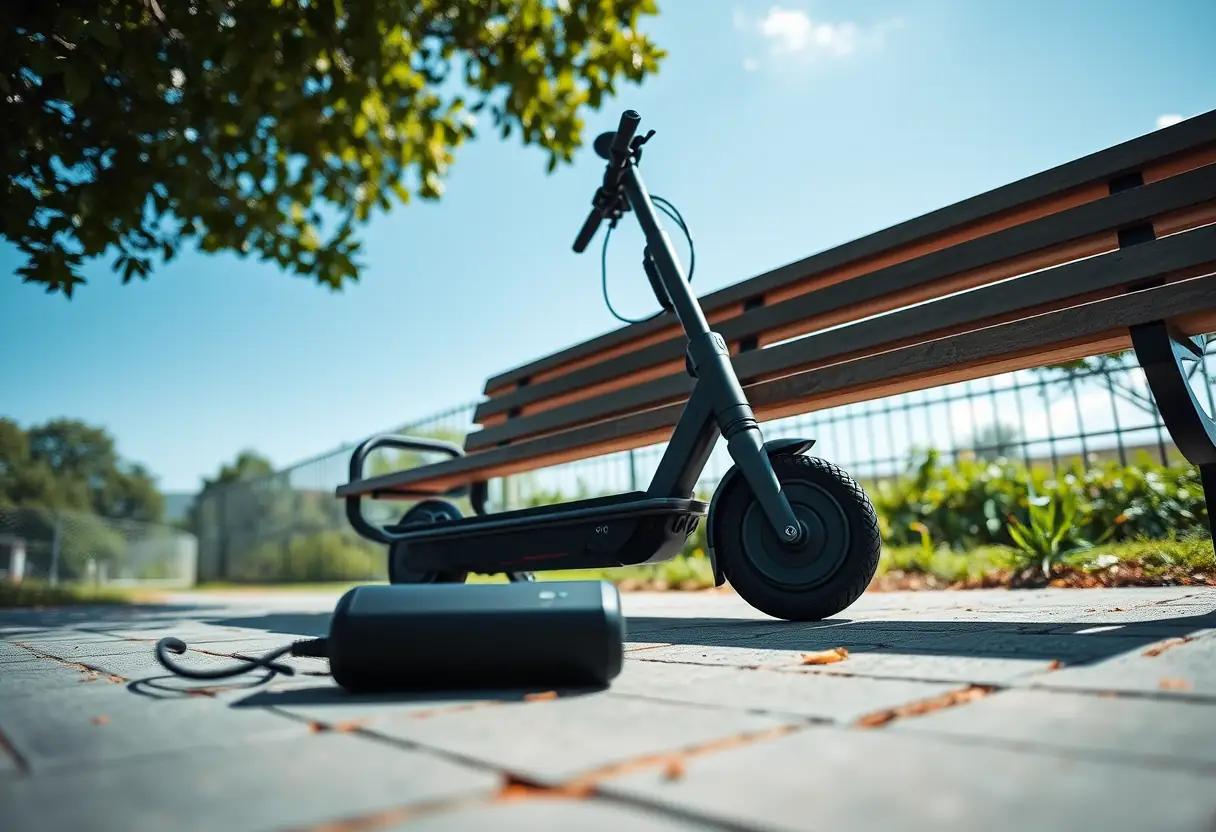 Chargeur portable près d'un scooter plié dans un parc