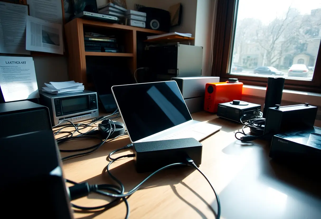 Table de travail avec ordinateur portable chargé