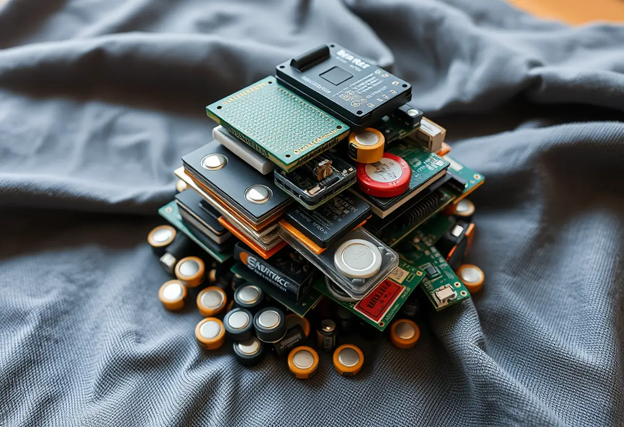 Pile d'éléments électroniques sur un tissu gris