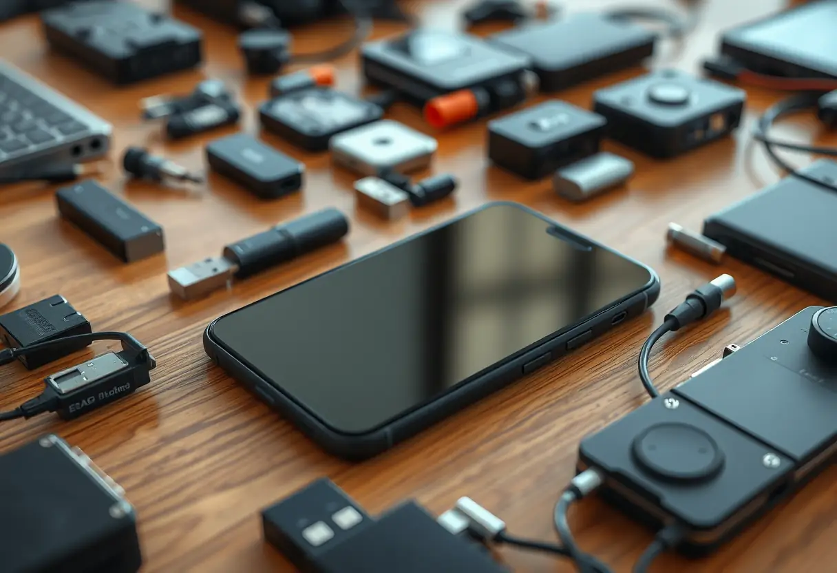 Tableau avec smartphone et accessoires électroniques