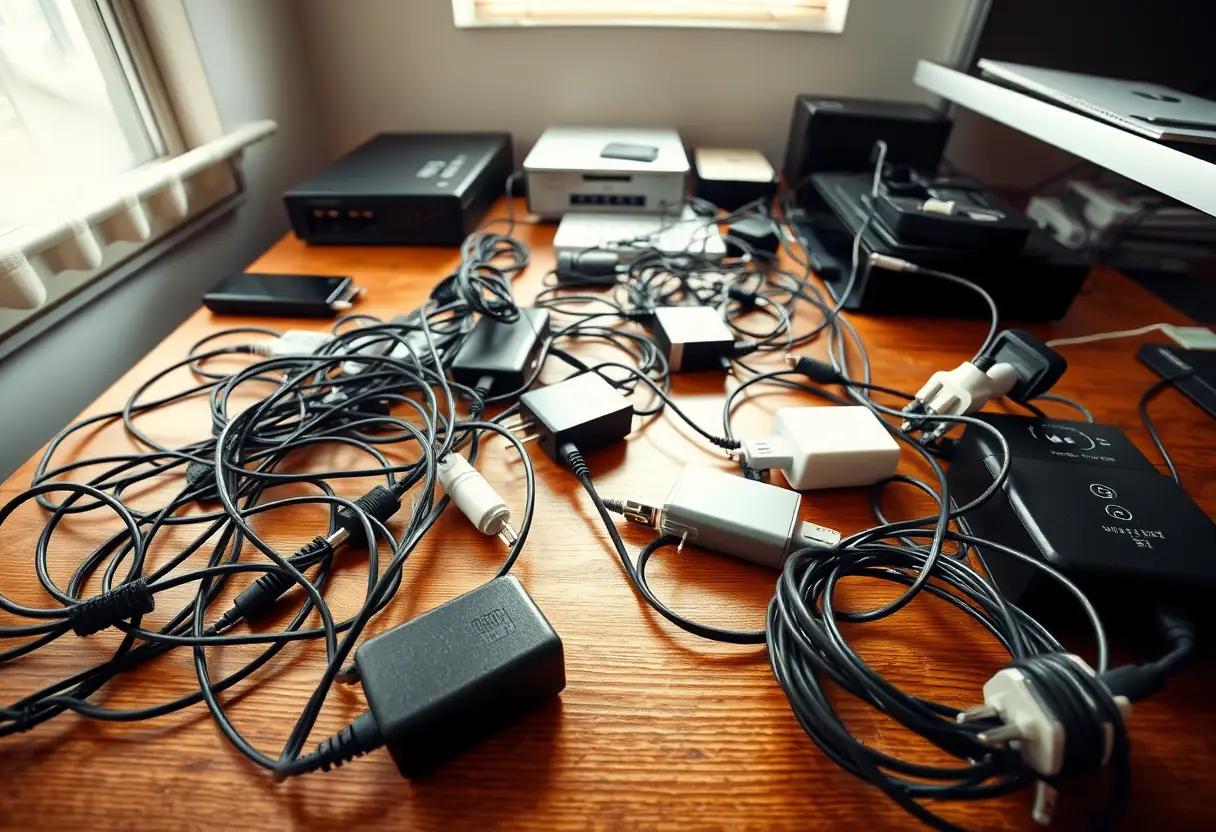 Chargeurs et câbles entremêlés sur un bureau en bois