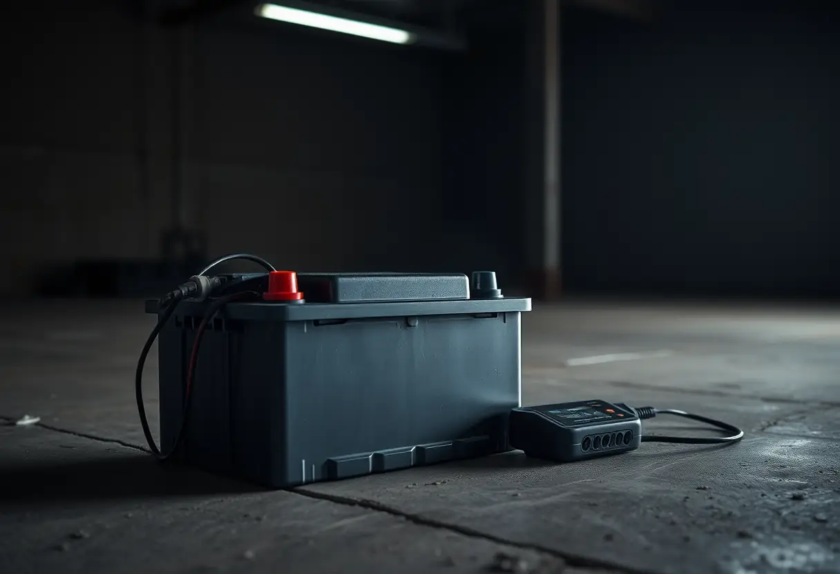 Batterie de voiture sur un sol en béton dans un garage sombre, filtres lumineux d'une lumière au plafond