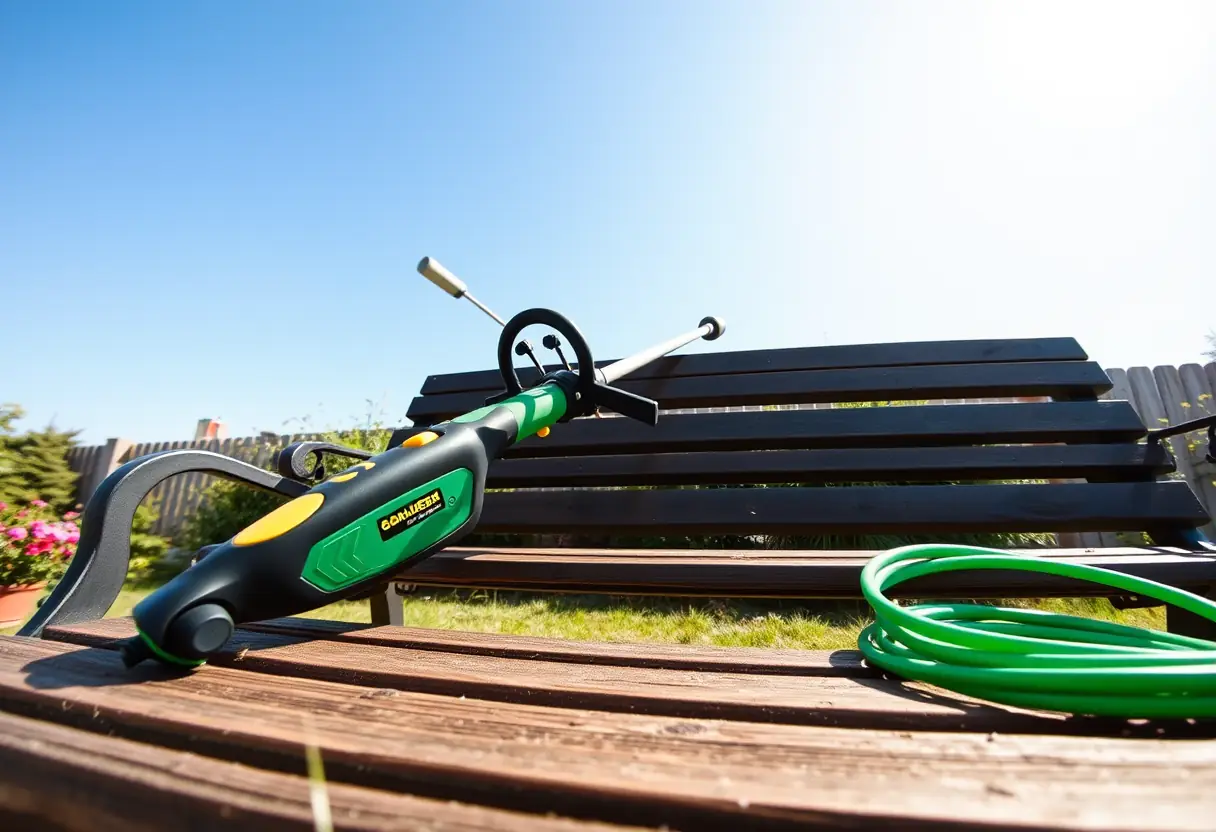 Une tondeuse sans fil posée sur un banc de jardin avec un tuyau d'arrosage à côté